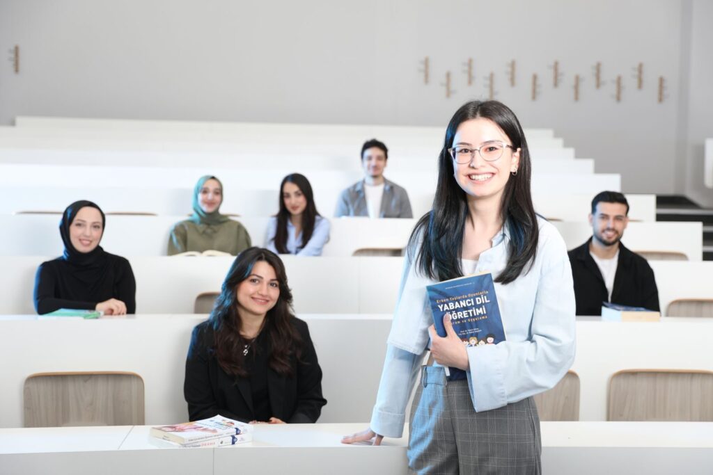 Group of diverse university students in a bright lecture hall, studying language education.