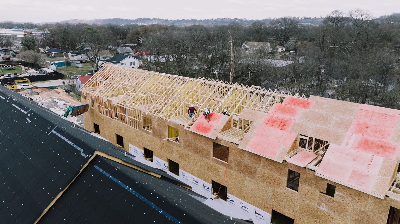 An active construction site in Chattanooga, Tennessee, captured from above.